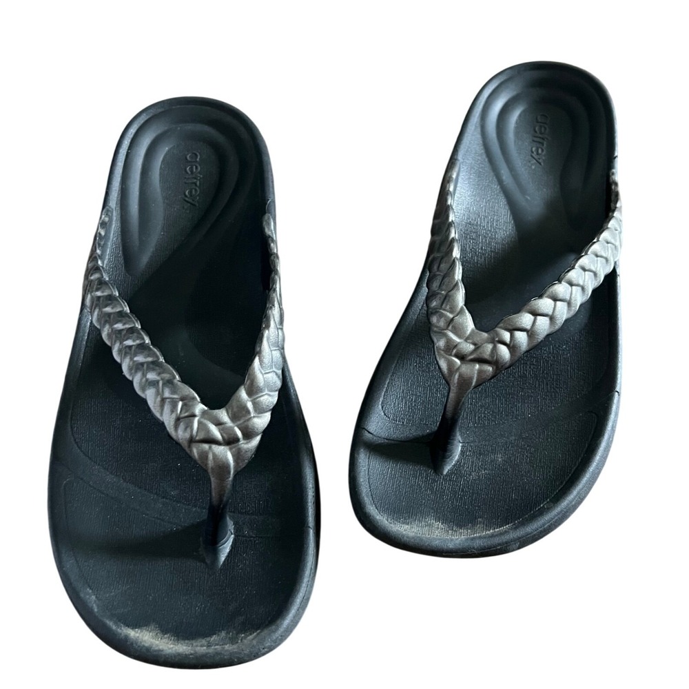 Aetrex Womens Braided Orthotic Flip Flops 11 Black Pewter Thong Sandals Comfort